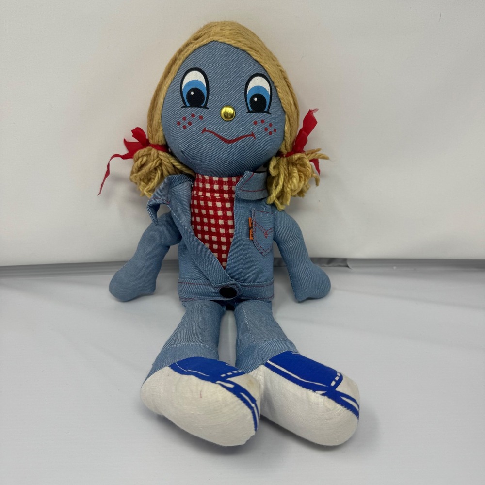 Vintage Levis 1970s Denim Rag Doll Knickerbocker Toy Co Big E 17" Yarn Blonde